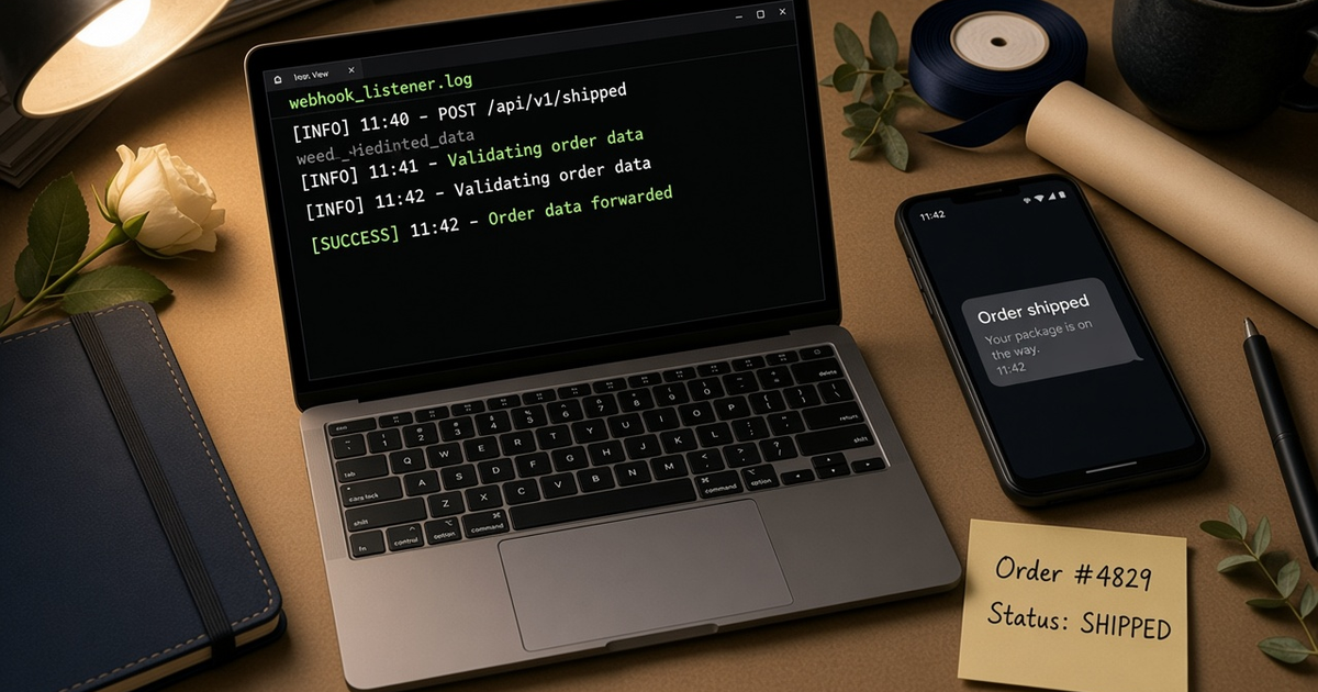 Featured illustration for Android SMS Gateway Scenario 145: Ecommerce webhooks in practice