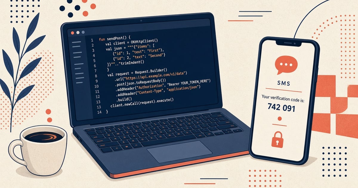 Featured illustration for Kotlin: Send SMS with an Android SMS Gateway API